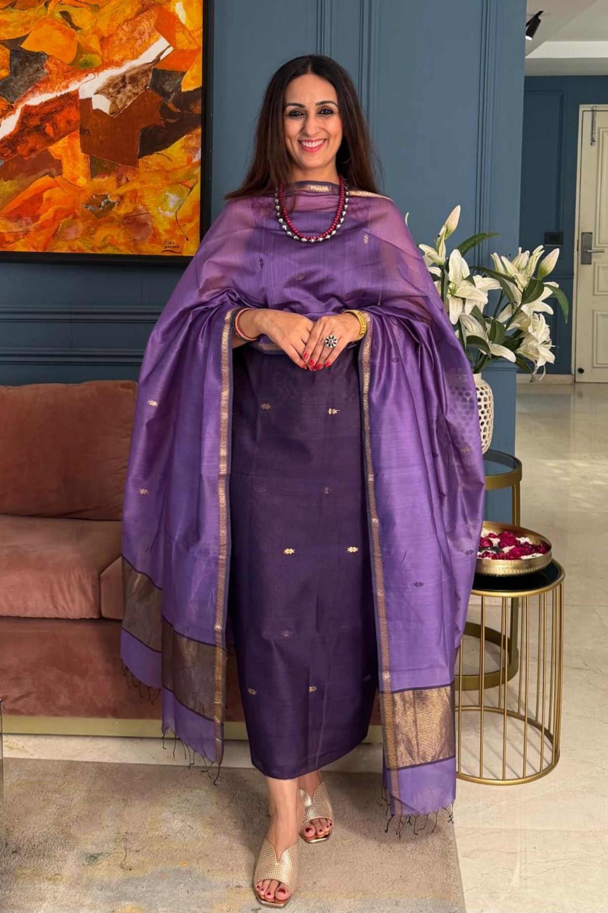 Maheshwari handloom silk by cotton kurta dupatta set